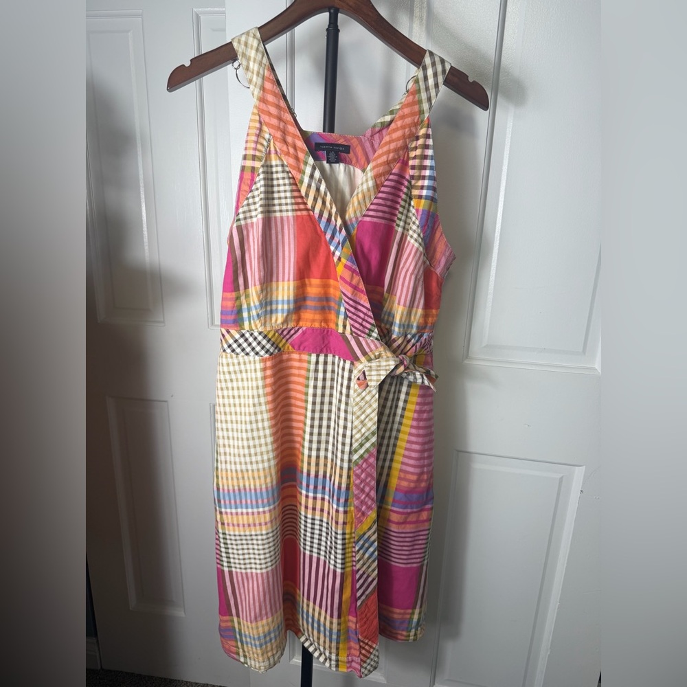 Multicolor Plaid Madras Wrap Sundress - Pink & Orange Size Large Pockets - Picture 3 of 12